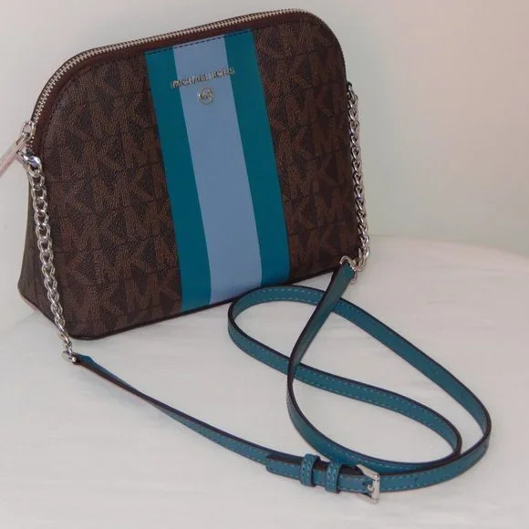 NWT MICHAEL KORS MK MONOGRAM Center Stripe CINDY LG Dome CHAIN XBODY BAG Cyan